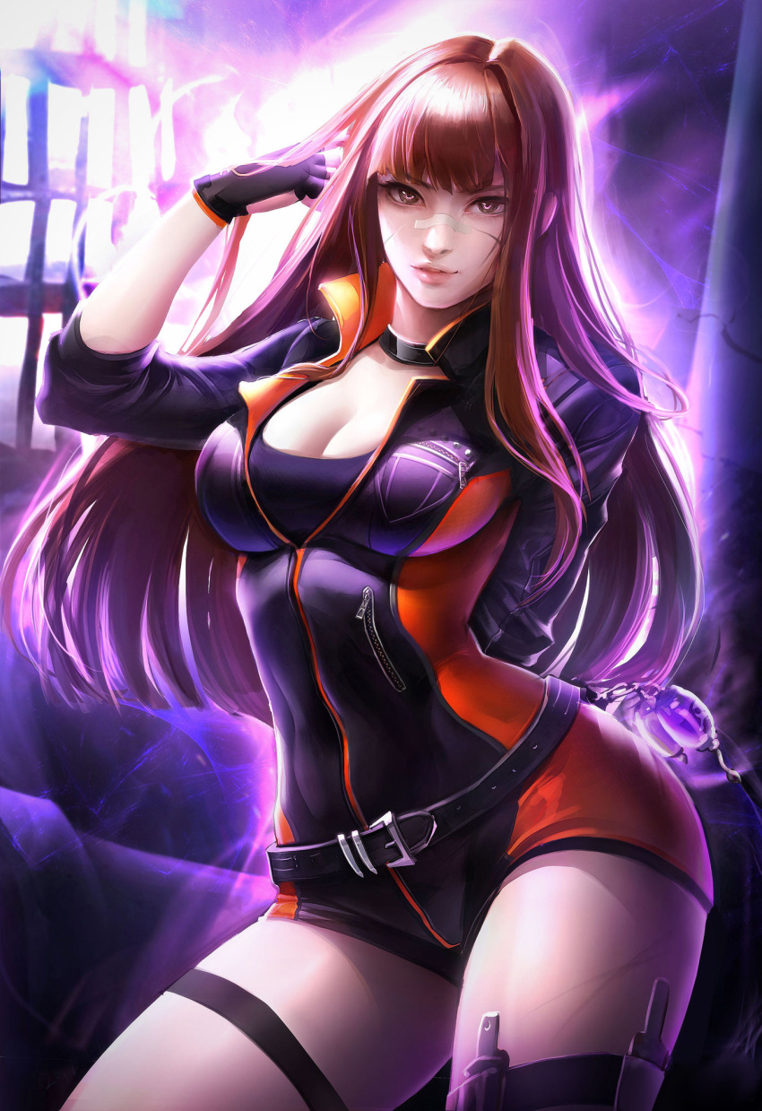 1girl, bangs, blunt_bangs, dungeon_and_fighter, dungeon_fighter, female_brawler_(dungeon_and_fighter), fingerless_gloves, flute_(artist), gloves, highres, jumpsuit, shorts, solo