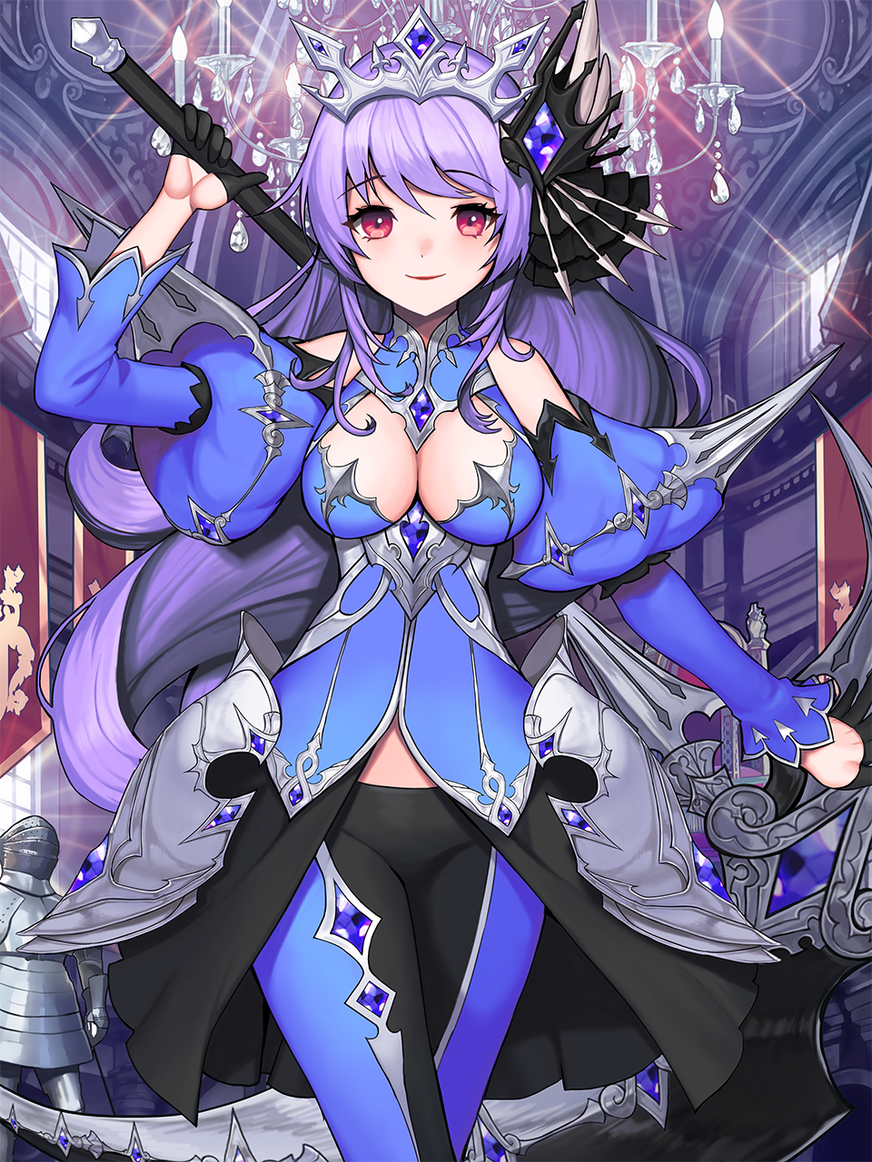 1girl, armor, black_gloves, breasts, chandelier, cleavage, closed_mouth, cowboy_shot