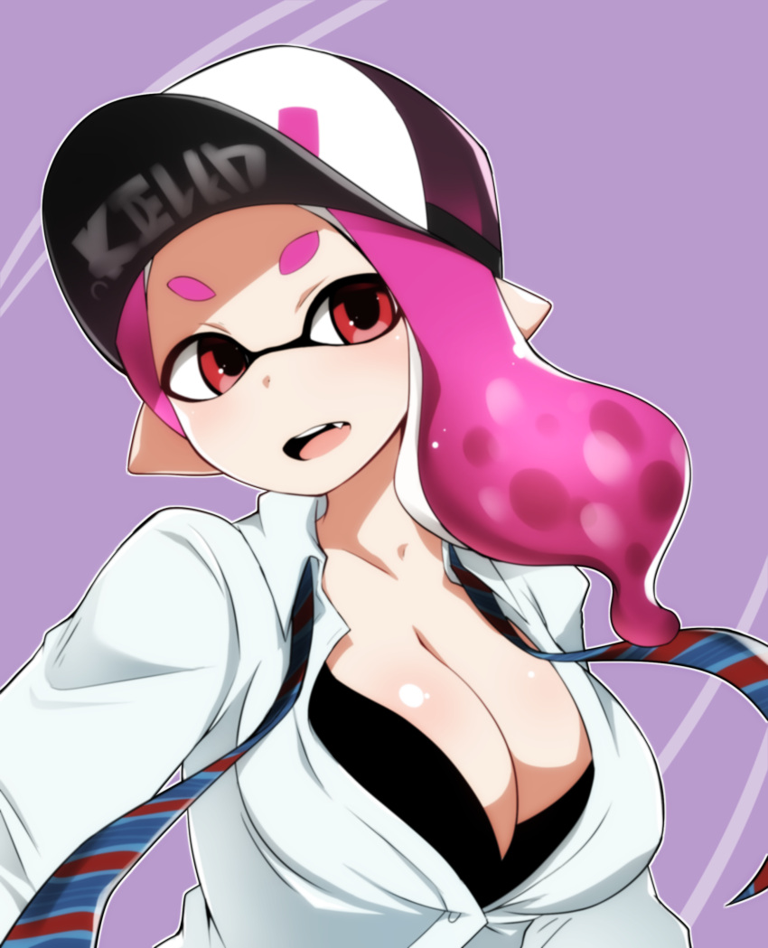 1girl, :d, absurdres, alternate_breast_size, asymmetrical_hair, baseball_cap, black_bra, black_hat