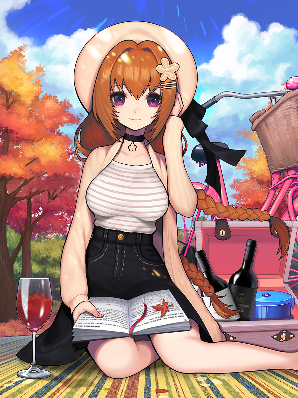 1girl, alcohol, autumn, bare_legs, basket, bicycle, black_bow, black_neckwear, black_skirt, blanket, book, bookmark, bottle, bow, braid, brown_hair, choker, closed_mouth, clouds, cropped_feet, cup, denim, denim_skirt, drinking_glass, flower, ground_vehicle, hair_flower, hair_intakes, hair_ornament, hairclip, hat, hat_bow, highres, jacket, kyundoo, leaf, long_hair, looking_at_viewer, maple_leaf, original, picnic, picnic_basket, shirt, sitting, skirt, sky, smile, solo, striped, striped_shirt, tree, twin_braids, violet_eyes, wine, wine_bottle, wine_glass, yokozuwari