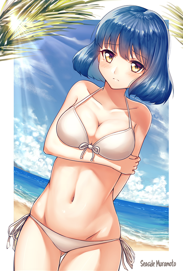 1girl, bangs, bare_arms, bare_shoulders, beach, bikini, blue_hair, blue_sky