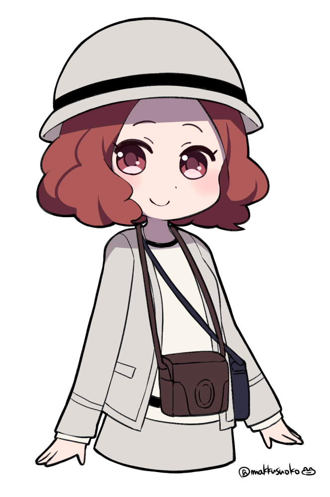 1girl, asakura_tae, asakura_tae_(cosplay), bag, blush, brown_eyes, brown_hair, camera_case