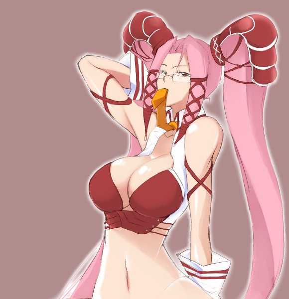.hack//g.u., .hack//games, bad_id, breasts, cleavage, glasses, huge_breasts, mouth_hold, necktie, pi, pink_hair, san_dai_wa_jou, twintails