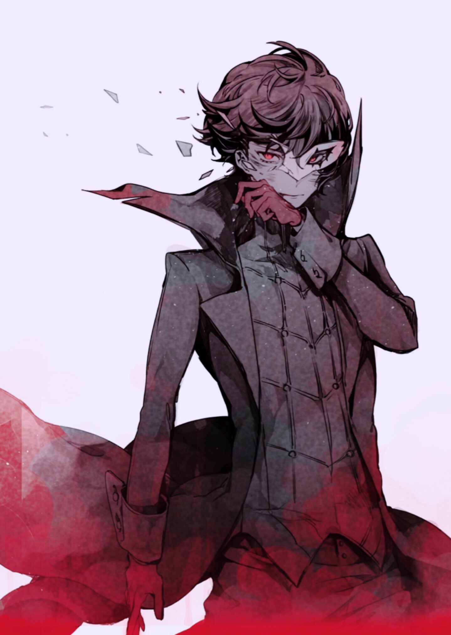 1boy, amamiya_ren, black_hair, gloves, highres, kisaragi_koubana, looking_at_viewer, male_focus, mask, pants, persona, persona_5, plaid, plaid_pants, red_eyes, red_gloves, short_hair, solo