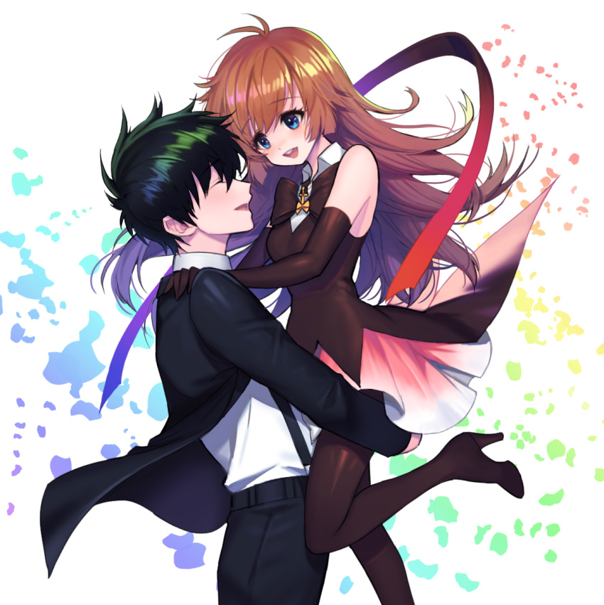 1boy, 1girl, asuka_daiki, black_bow, black_footwear, black_gloves, black_jacket, black_pants