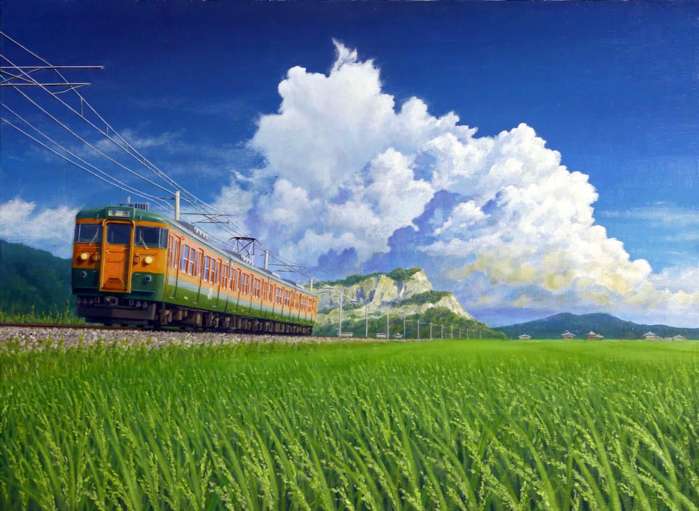 akashi_kaikyou, calligraphy_brush_(medium), clouds, field, graphite_(medium), gravel, ground_vehicle, hill