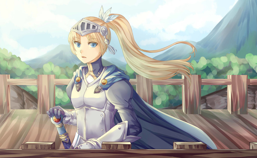 1girl, armor, blonde_hair, blue_eyes, bracer, breastplate, cape, forte_(rune_factory), gloves, hair_ornament, long_hair, ponytail, rune_factory, solo, sword, user_gtg0024, visor_(armor), weapon
