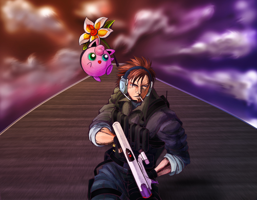 brown_hair, cigarette, flower, gloves, green_eyes, gun, headset, iroquois_pliskin