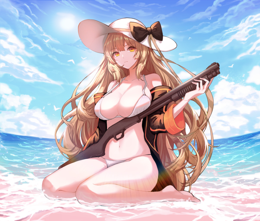 1girl, beach, bikini, bird, breasts, brown_hair, cleavage, expressionless