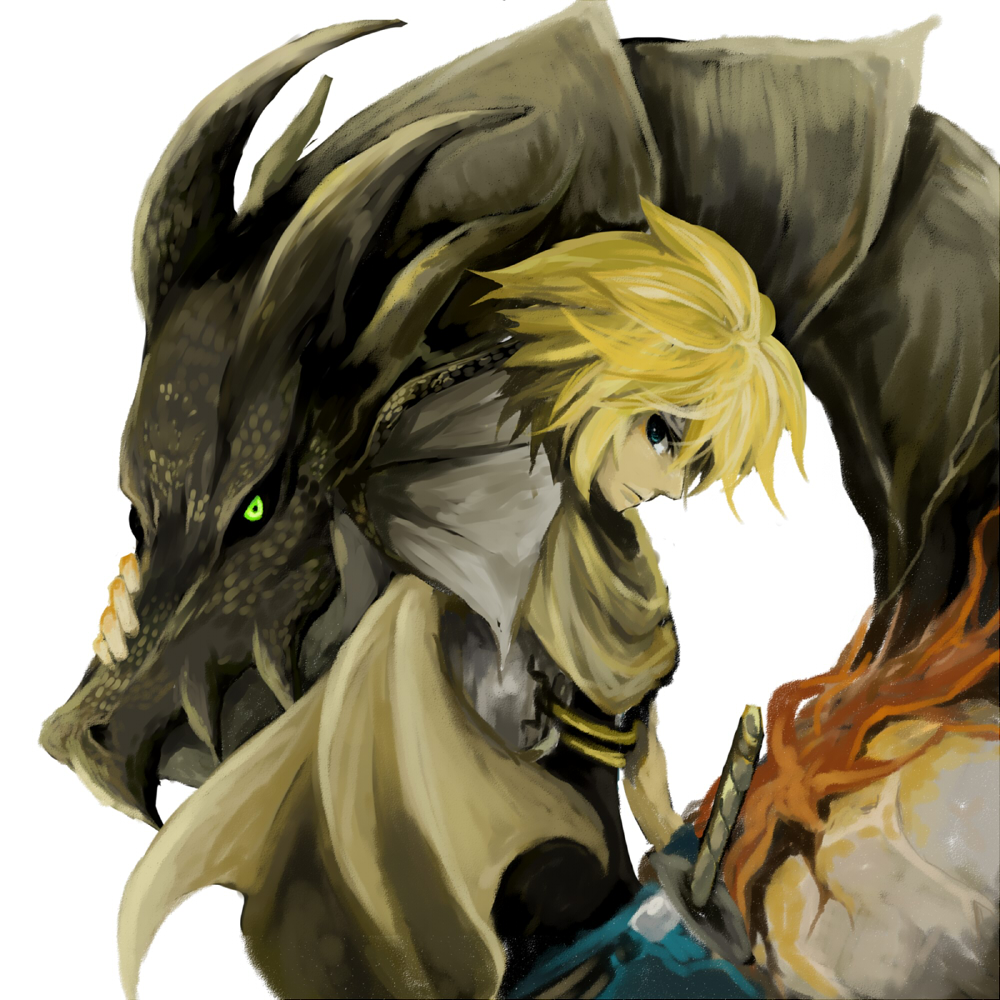 blonde_hair, byuu, dragon, green_eyes, male, scarf, sword, weapon
