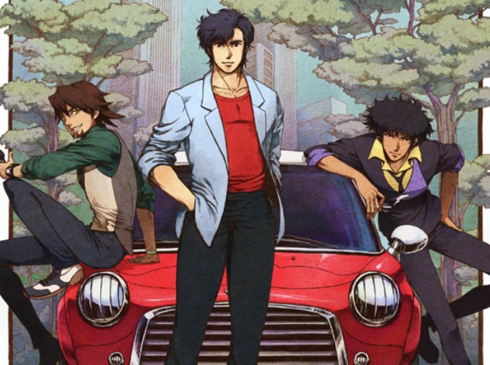 3boys, car, city_hunter, cowboy_bebop, ground_vehicle, kaburagi_t_kotetsu, male_focus, motor_vehicle, multiple_boys, nira_(niratoro), outdoors, saeba_ryou, spike_spiegel, tiger_&amp;_bunny, tree