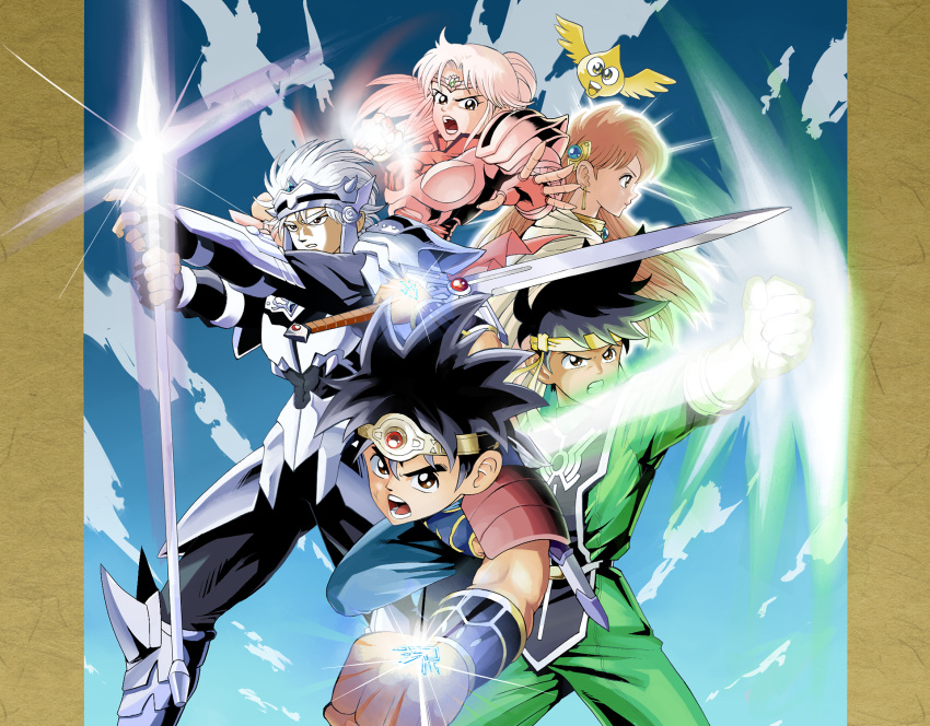 2girls, 3boys, :d, angry, armor, aura, bangs, black_hair, black_pants, black_shirt, blue_pants, blue_sky, breastplate, brown_eyes, bttfghn, cape, clenched_hands, clenched_teeth, clouds, cloudy_sky, creature, dai_(dragon_quest), dragon_quest, dragon_quest_dai_no_daibouken, earrings, energy, energy_ball, fingerless_gloves, furrowed_eyebrows, gloves, gome, green_pants, green_shirt, headband, highres, holding, holding_bow, holding_sword, holding_weapon, hyunkel, jewelry, jumping, legs_apart, light_brown_hair, long_hair, long_sleeves, looking_at_viewer, looking_away, maam, multiple_boys, multiple_girls, open_mouth, pants, parted_bangs, pillarboxed, pink_hair, pop_(dragon_quest_dai_no_daibouken), princess_leona, profile, red_gloves, serious, shirt, short_hair, sky, smile, spiky_hair, standing, sword, teeth, weapon, white_hair, wings