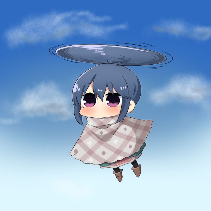 1girl, blue_hair, blush, chibi, clouds, commentary_request, doraemon, flying