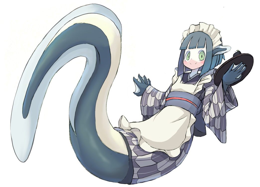 1girl, 4139, apron, blush, eel_girl, fins, green_eyes, green_hair, head_fins, looking_at_viewer, maid_headdress, mermaid, monster_girl, original, smile, tray, webbed_hands, white_background, wide_sleeves