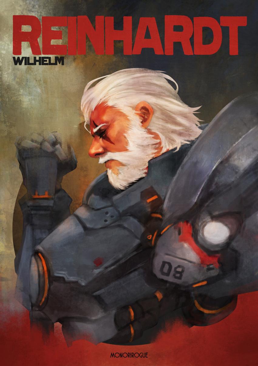 1boy, absurdres, armor, artist_name, beard, character_name, facial_hair, from_side