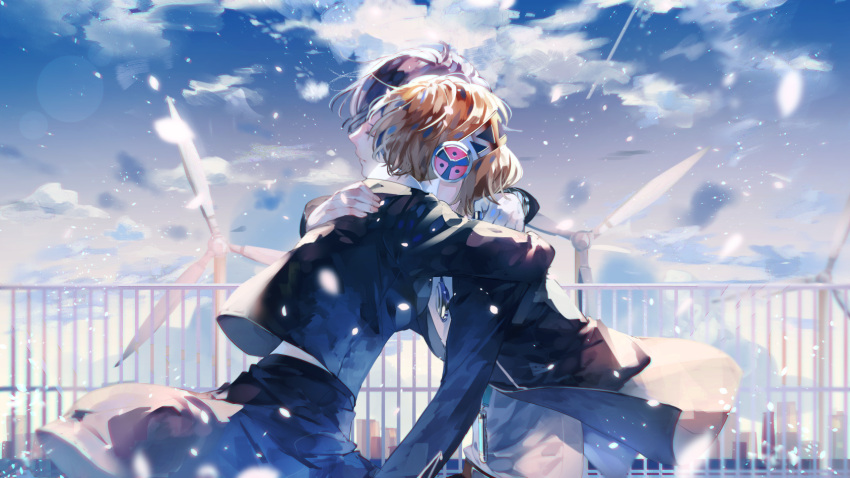 1boy, 1girl, aegis_(persona), blonde_hair, blue_hair, blue_sky, closed_eyes, highres