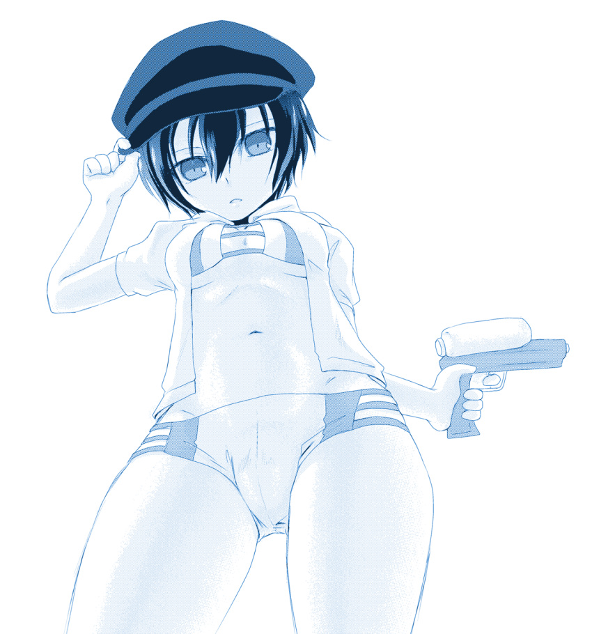 bikini_top, boy_shorts, breasts, cabbie_hat, gun, hat, highres, navel