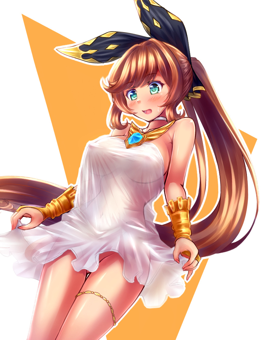 1girl, aqua_eyes, bare_shoulders, blush, bracelet, breasts, clarisse_(granblue_fantasy), cosplay