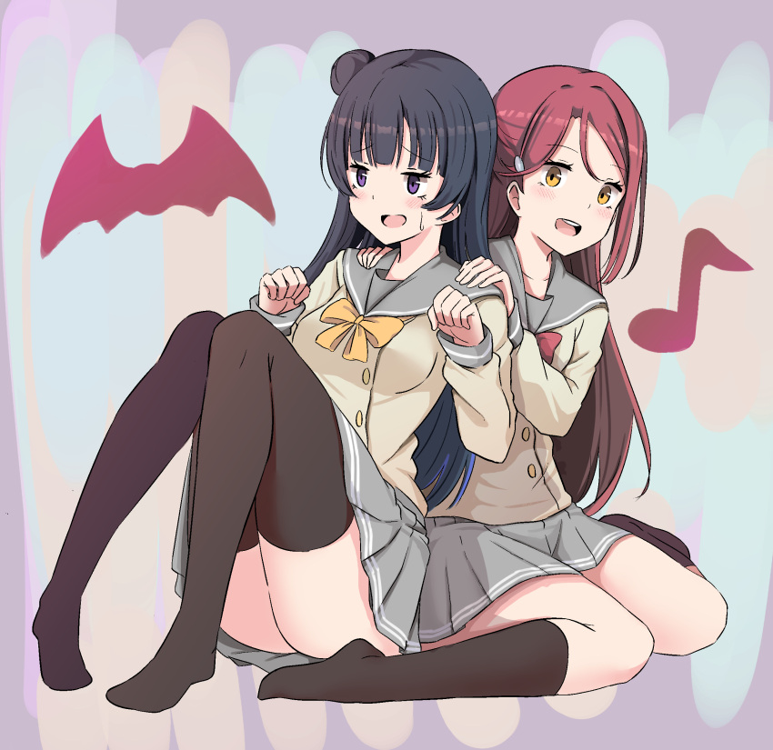 2girls, bangs, black_hair, black_legwear, bow, bowtie, clenched_hands, hair_ornament