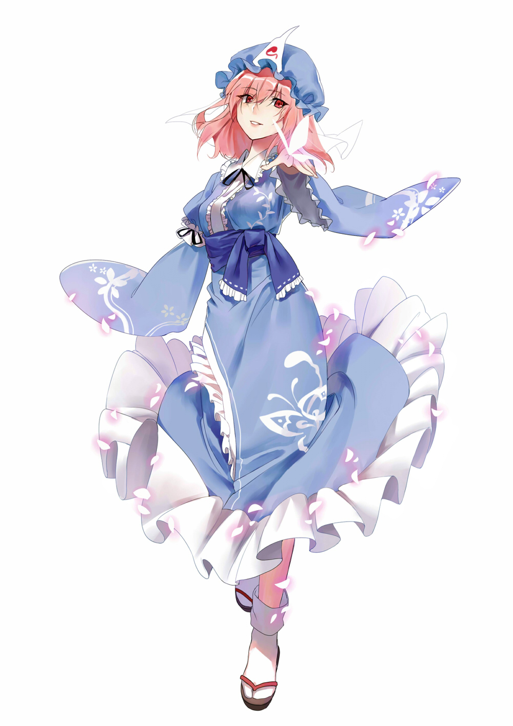 1girl, arm_garter, blue_dress, blue_hat, blue_sash, breasts, butterfly, commentary