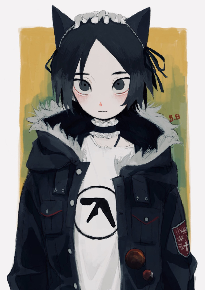 1boy, :|, aphex_twin, badge, bangs, black_hair, button_badge, choker