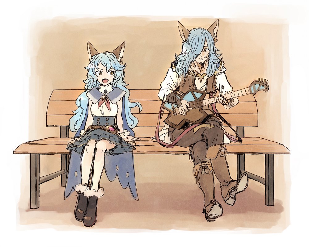 1boy, 1girl, bench, blue_hair, boots, cape, drunk_(granblue_fantasy), erun_(granblue_fantasy), facial_hair, ferry_(granblue_fantasy), granblue_fantasy, guitar, hair_over_one_eye, instrument, long_hair, older, skirt, wanotsuku, wavy_hair, wrinkles