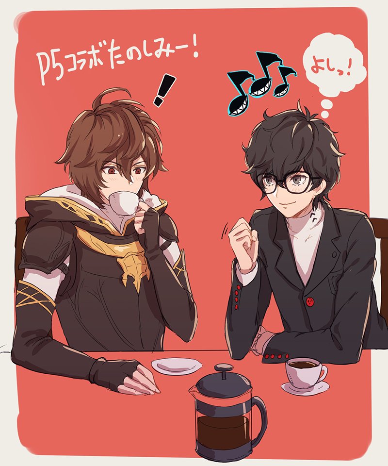 2boys, amamiya_ren, black_hair, brown_hair, chabo213, crossover, cup, drinking