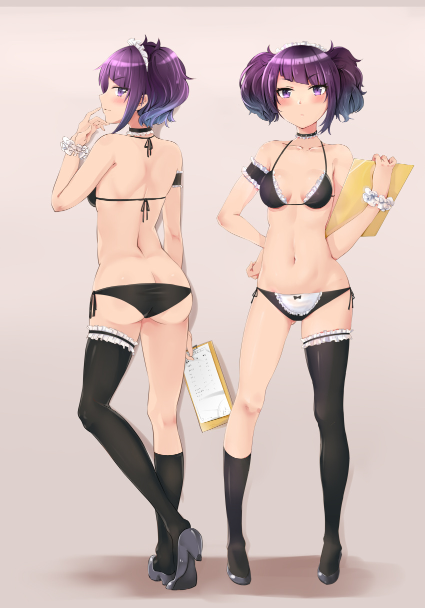 1girl, absurdres, apron, ass, back, bangs, bikini, black_bikini