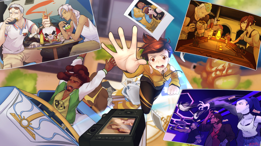 ana_(overwatch), annoyed, arcade, arm_hug, ball, blizzard_world, breasts, camera
