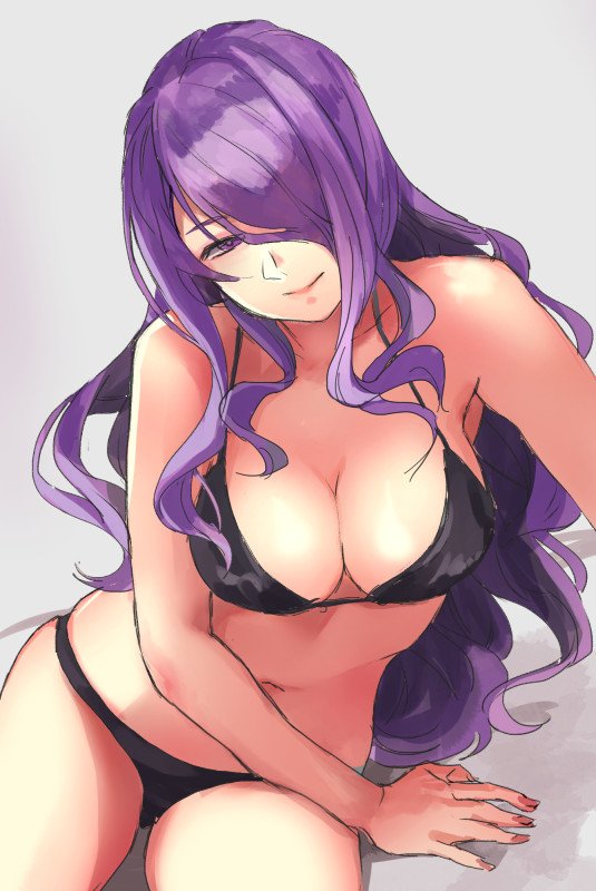1girl, black_panties, breasts, camilla_(fire_emblem_if), cleavage, fire_emblem, fire_emblem_if, hair_over_one_eye, hashiko_(neleven), large_breasts, lips, long_hair, navel, panties, purple_hair, solo, tiara, underwear, very_long_hair, violet_eyes, wavy_hair, white_background