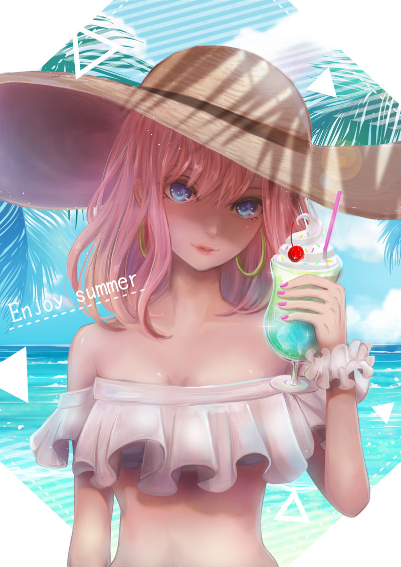 1girl, blue_eyes, cherry, closed_mouth, drinking_straw, earrings, food, fruit