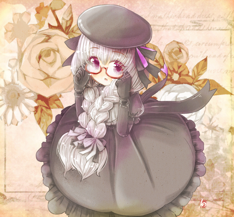 1girl, bangs, beret, black_bow, black_dress, black_gloves, black_hat, blush