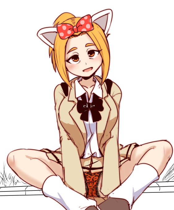 1girl, :d, animal_ears, bags_under_eyes, blazer, blush, bow, bowtie