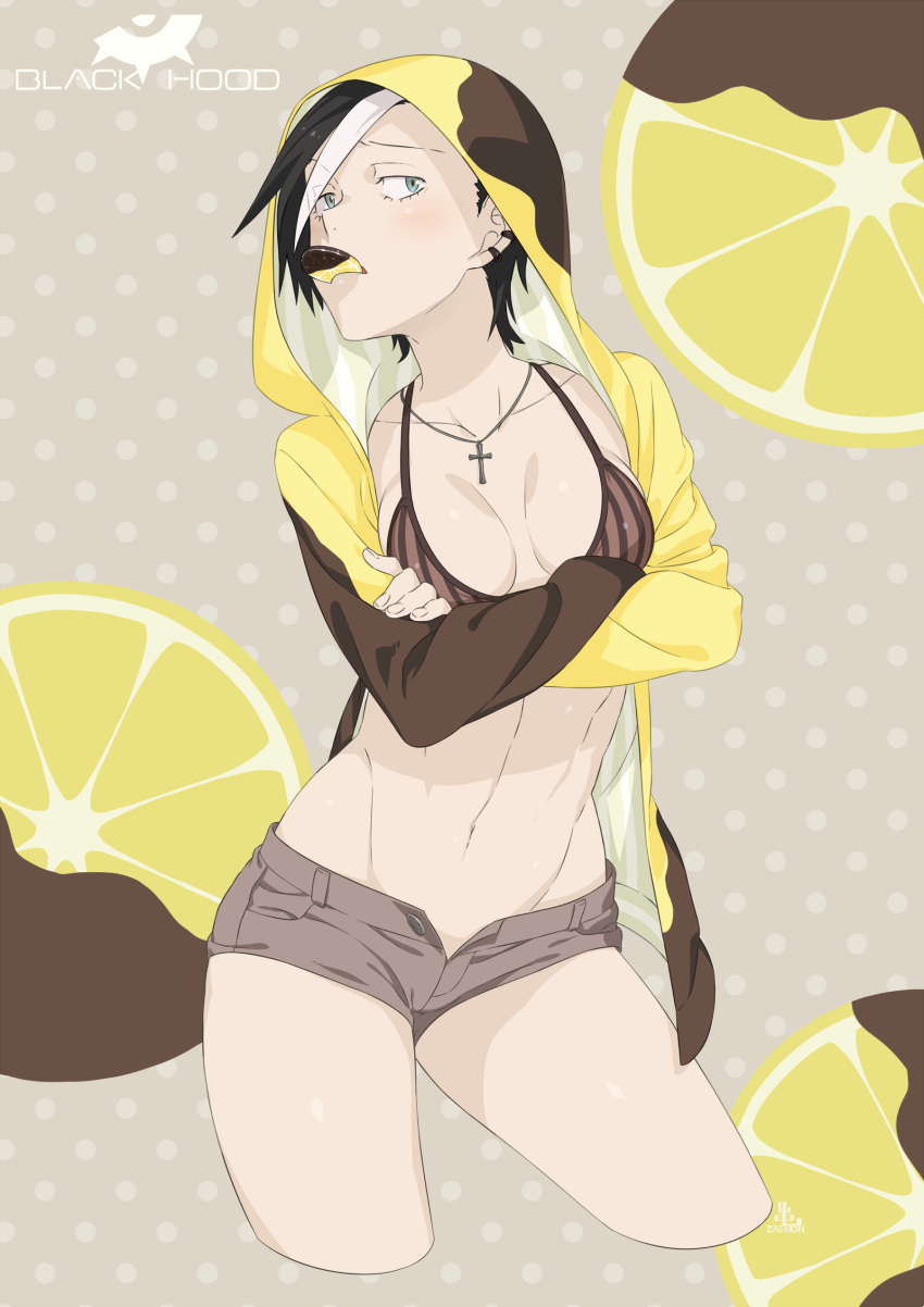 1girl, absurdres, artist_name, bikini_top, black_hair, black_shorts, blush, breasts, breasts_apart, brown_bikini_top, character_name, chocolate, collarbone, contrapposto, cropped_legs, cross, cross_necklace, crossed_arms, ear_piercing, food, food_in_mouth, food_themed_background, fruit, highres, hood, hood_up, hoodie, jewelry, kamezaemon, lemon, lemon_slice, long_sleeves, looking_at_viewer, medium_breasts, mouth_hold, multicolored_hair, navel, necklace, open_clothes, open_fly, open_hoodie, original, pendant, piercing, polka_dot, polka_dot_background, sanpaku, short_hair, shorts, solo, standing, stomach, streaked_hair, striped, striped_bikini_top, thighs, unbuttoned, vertical_stripes, white_hair