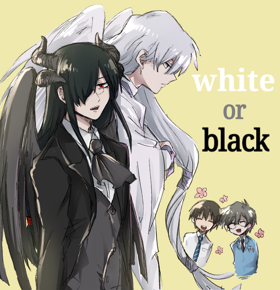 4boys, black_hair, blue_eyes, card_captor_sakura, closed_eyes, dragon_horns, dual_persona, fafnir_(maidragon)