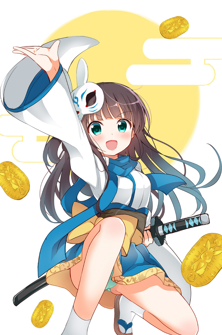 1girl, :d, anko_(gochiusa), aqua_eyes, aqua_panties, arm_up, bangs, blue_scarf