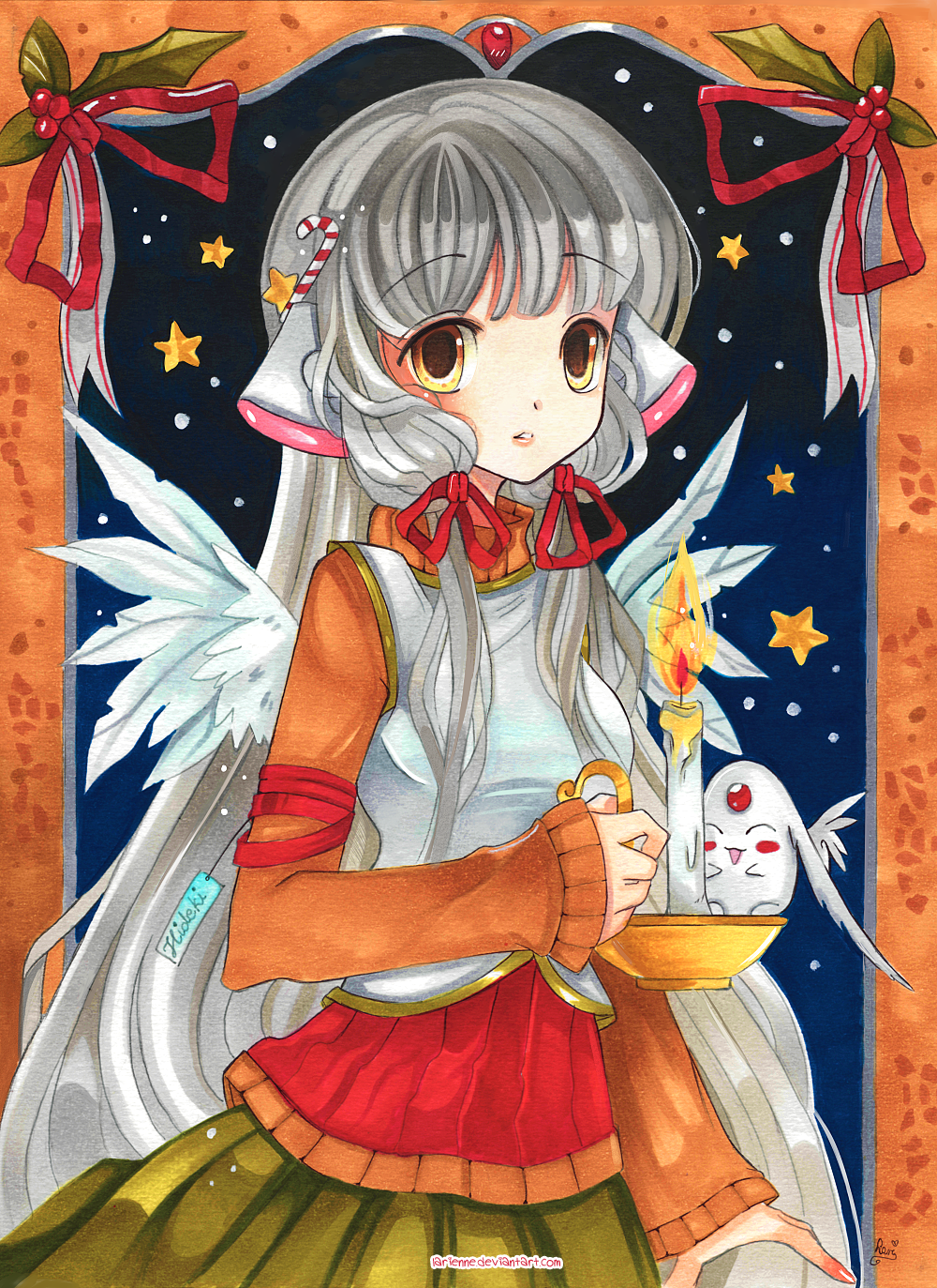1girl, alternate_costume, bangs, blunt_bangs, blush_stickers, breasts, candle, candy