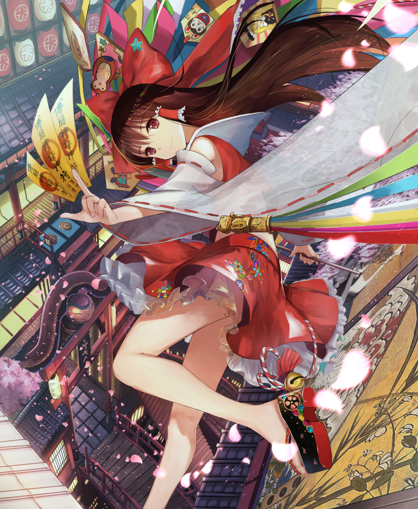 1girl, architecture, bell, bent_knee, bow, bridge, brown_eyes, brown_hair