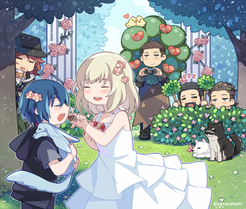 1girl, 5boys, ardyn_izunia, beard, blonde_hair, blue_hair, bush, camera