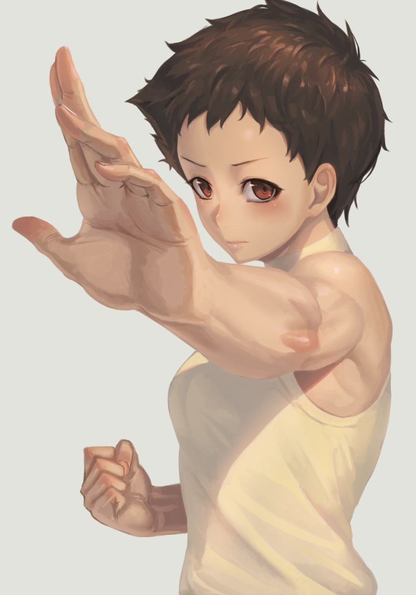 1girl, bare_arms, bare_shoulders, blush, brown_hair, clenched_hands, closed_mouth, fighting_stance