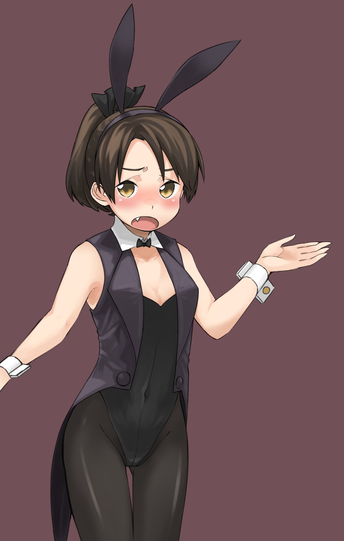 1girl, animal_ears, black_legwear, black_leotard, black_neckwear, black_vest, bow, bowtie