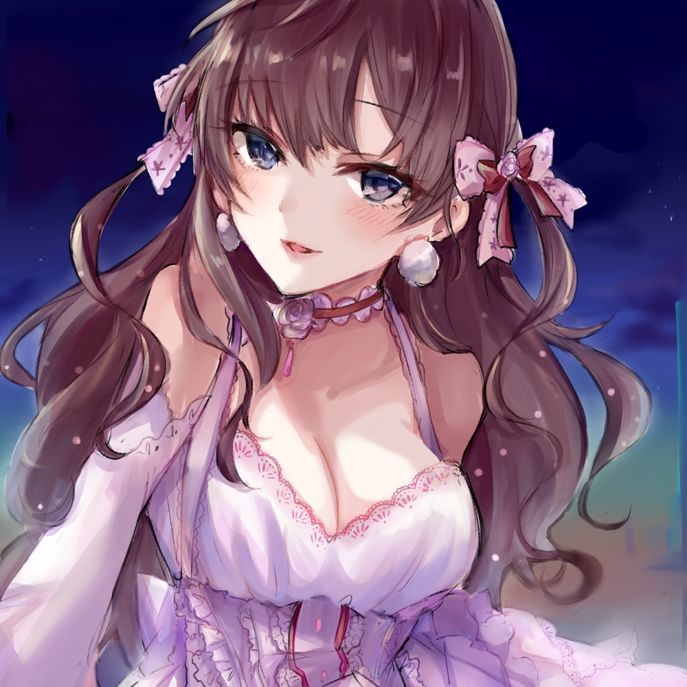 1girl, asagimu_(tsuktsuk), bangs, bare_shoulders, blue_eyes, blush, bow, breasts