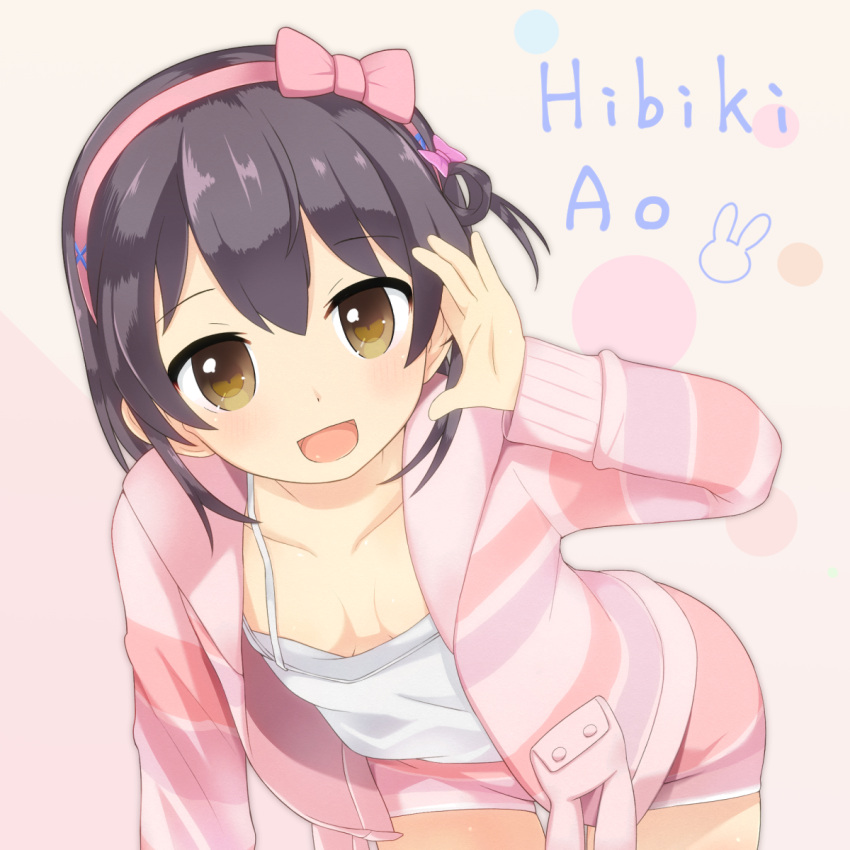 1girl, akiiro, bending_forward, black_hair, blush, bow, brown_eyes, character_name