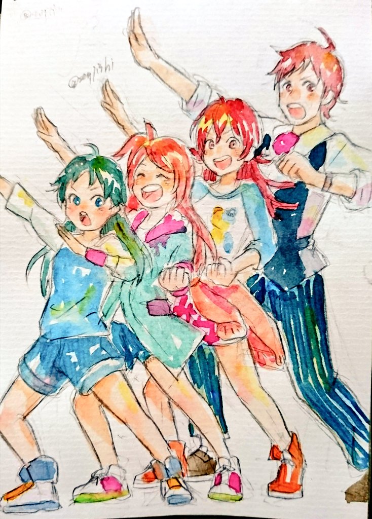 1boy, 3girls, age_difference, ahoge, arm_up, ascot, clenched_hand, closed_eyes