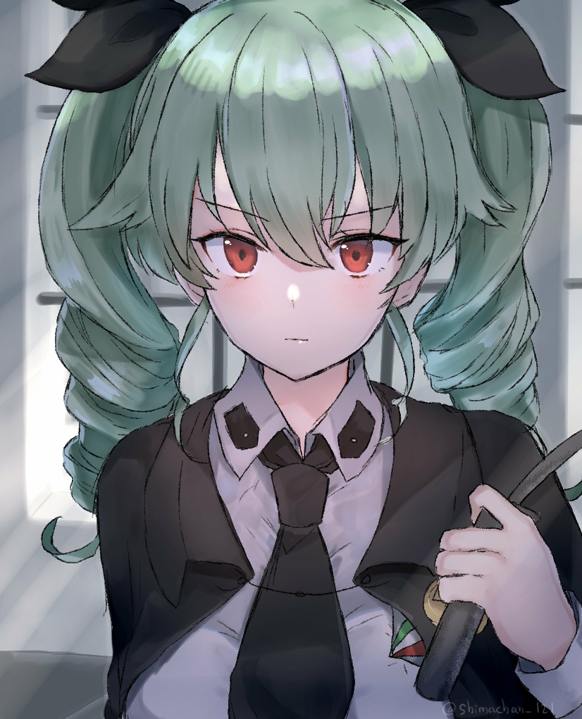 1girl, :|, anchovy, backlighting, bangs, black_cape, black_neckwear, black_ribbon