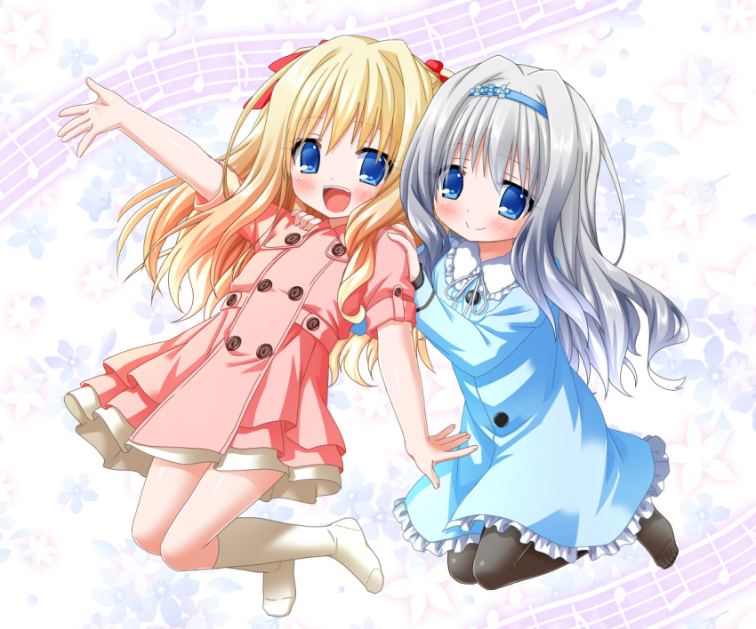 2boys, arisugawa_mimi, arisugawa_rara, black_legwear, blonde_hair, blue_dress, blush, brothers