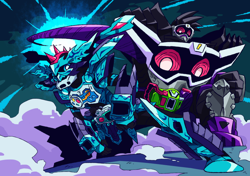 2boys, absurdres, armor, breastplate, god_maximum_gamer_level_billion, highres, kamen_rider, kamen_rider_ex-aid_(series), kamen_rider_genm, kamen_rider_lazer, kamen_rider_lazer_x, male_focus, multiple_boys, otokamu, visor