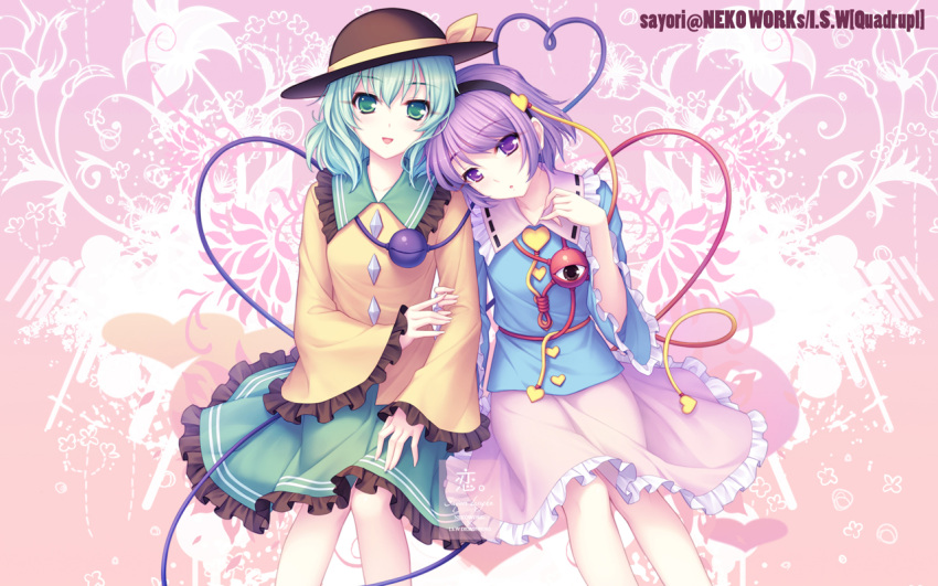 2girls, blue_hair, flower, green_eyes, head_on_shoulder, heart, heart_of_string, komeiji_koishi, komeiji_satori, multiple_girls, purple_eyes, purple_hair, sayori, siblings, sisters, smile, touhou, wallpaper