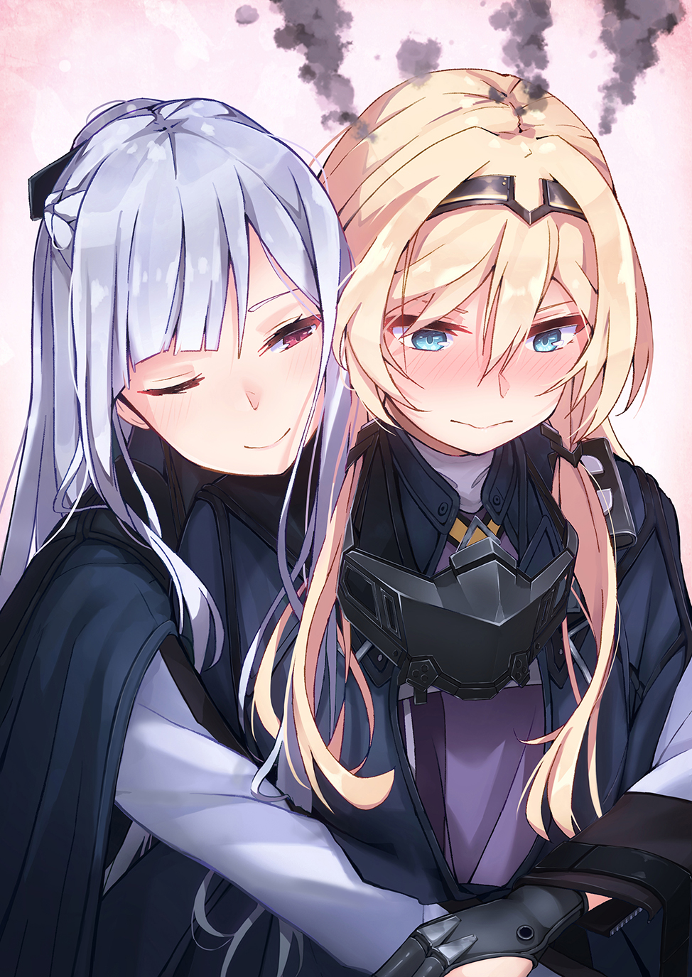 2girls, ak-12_(girls_frontline), an-94_(girls_frontline), blonde_hair, blue_eyes, blush, closed_mouth, embarrassed