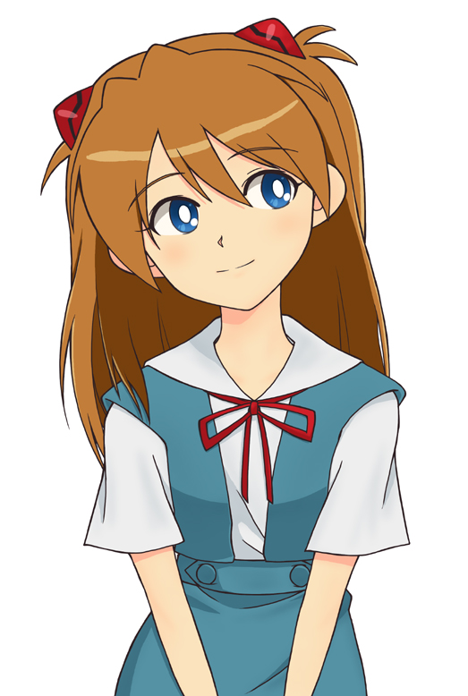 1girl, blue_eyes, brown_hair, doraemon, fujiko_f_fujio_(style), looking_right, neon_genesis_evangelion, pixiv, sashimi, school_uniform, solo, souryuu_asuka_langley, white_background